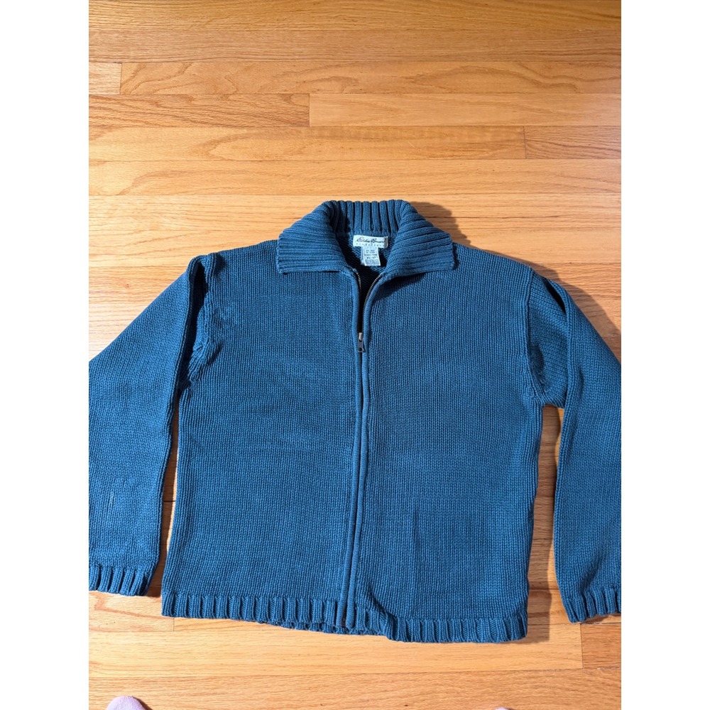 Vintage Eddie Bauer Teal Blue Cotton Shaker Knit Full Zip Cardigan Sweater XS